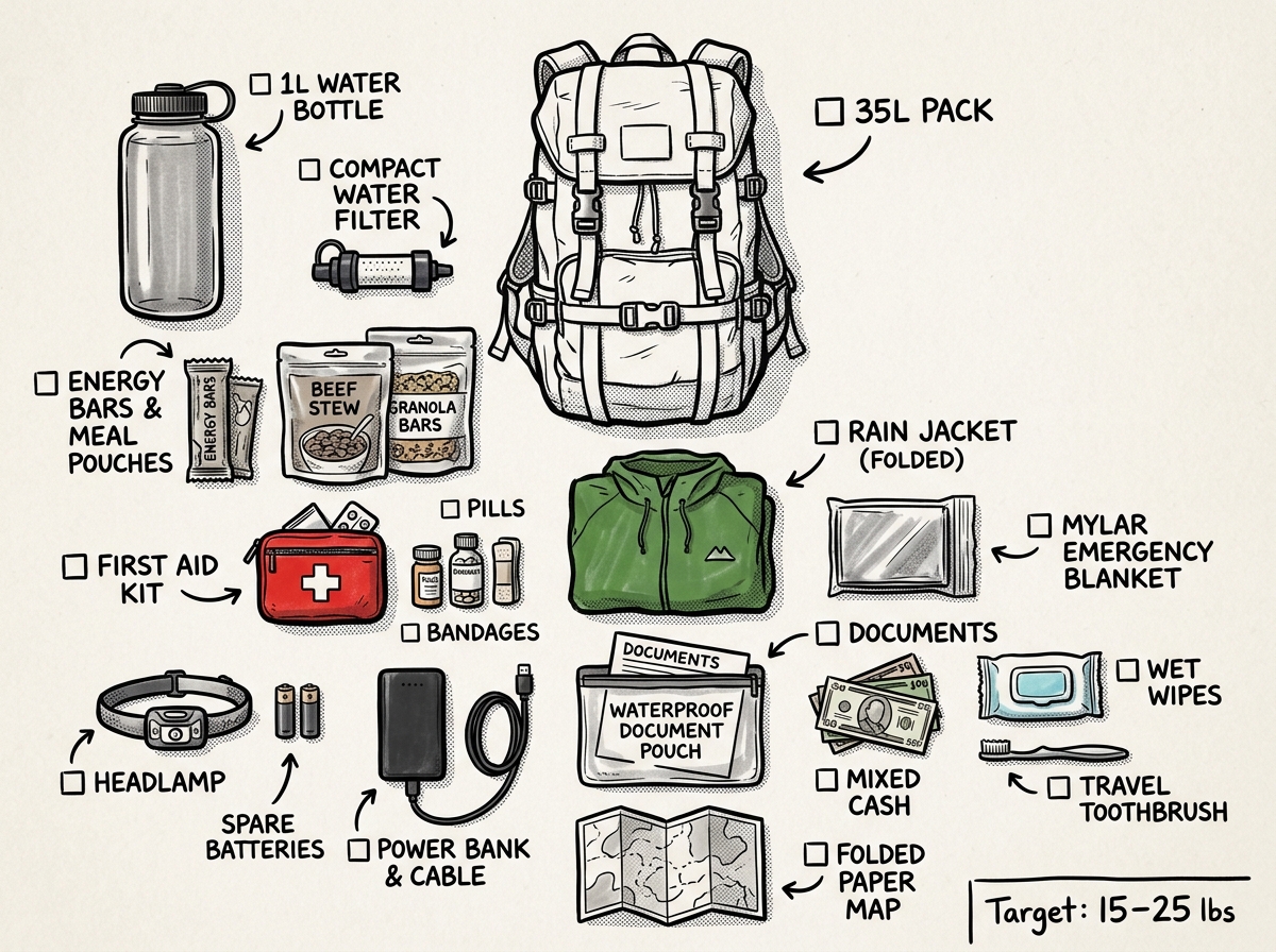 Everything inside a well-built 72-hour evacuation bag — nothing more, nothing less