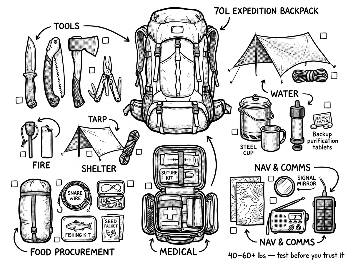 The full INCH bag loadout — built for indefinite self-sufficiency when you're never coming home