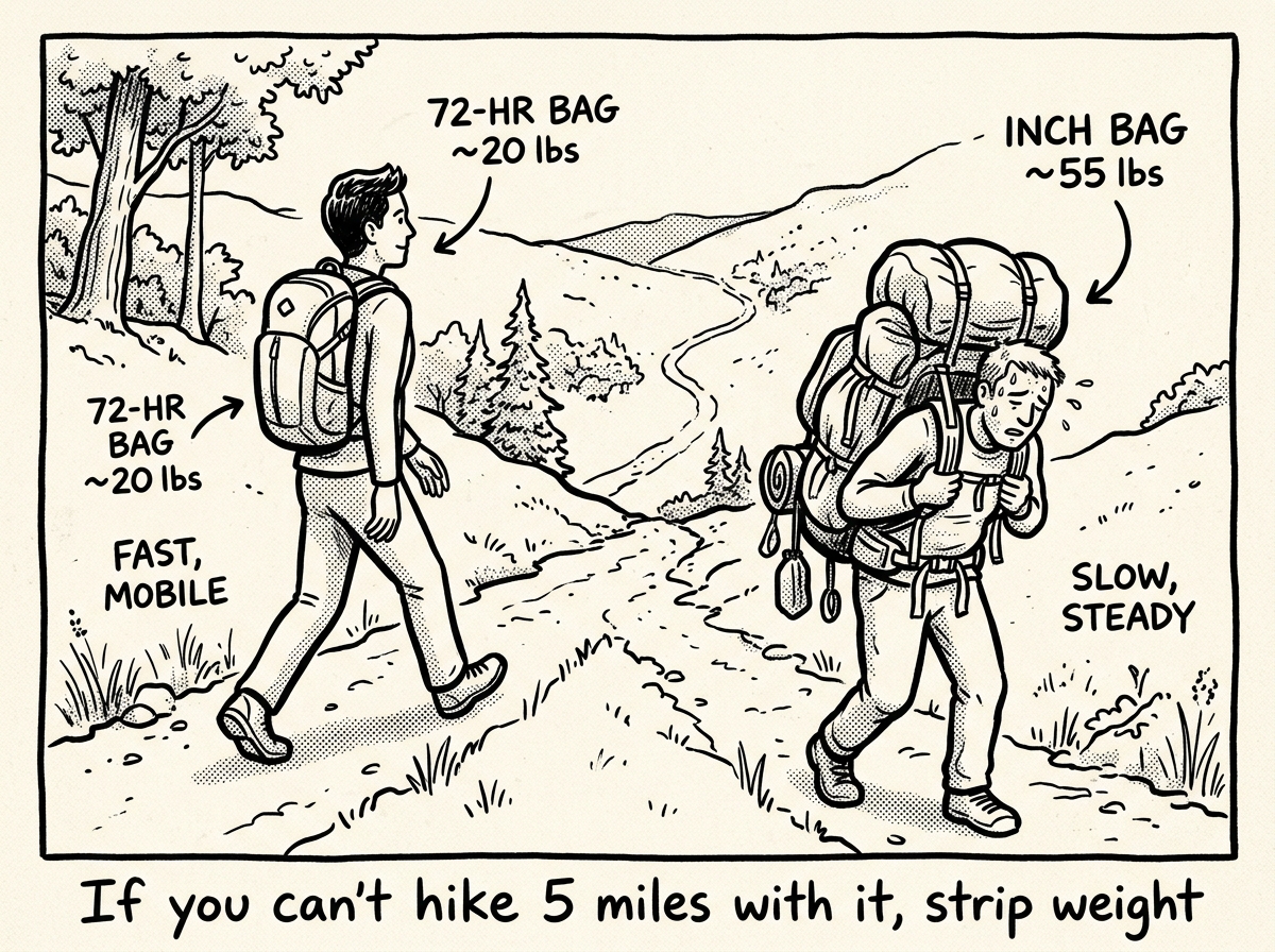 Same trail, different loads — a 20-pound bag keeps you moving while a 55-pound pack slows you down