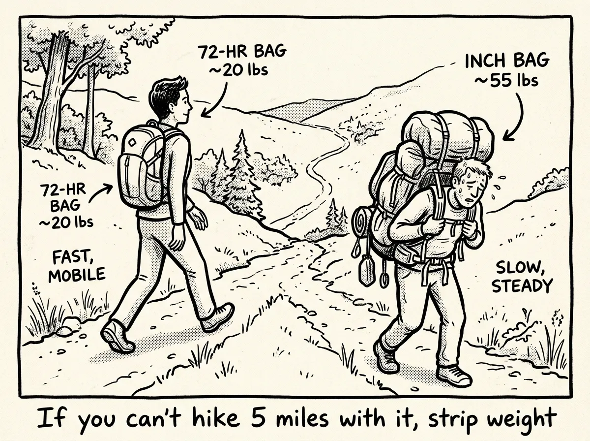 Same trail, different loads — a 20-pound bag keeps you moving while a 55-pound pack slows you down