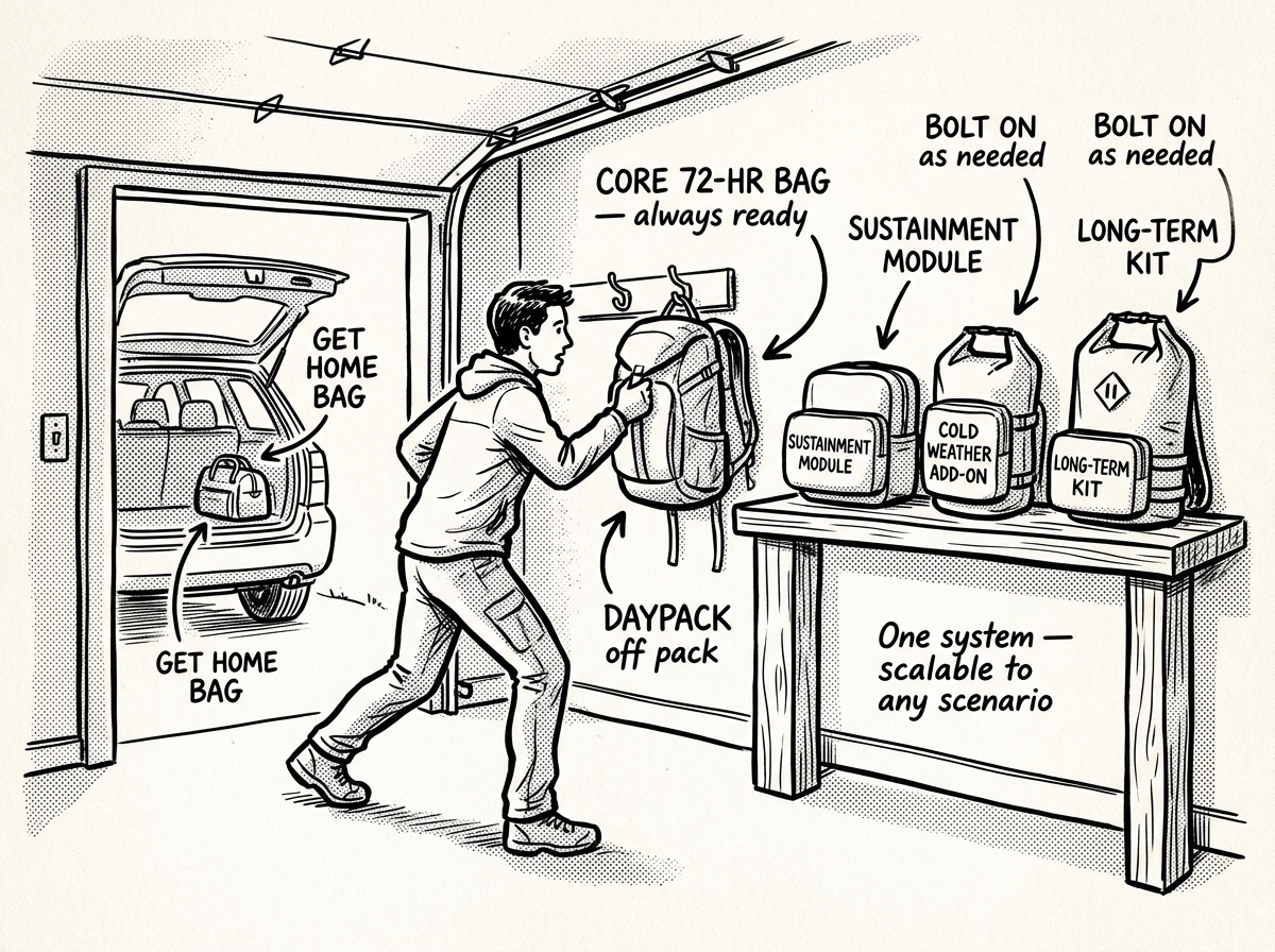 A modular system in action — grab the core bag fast, bolt on layers only when the situation demands it