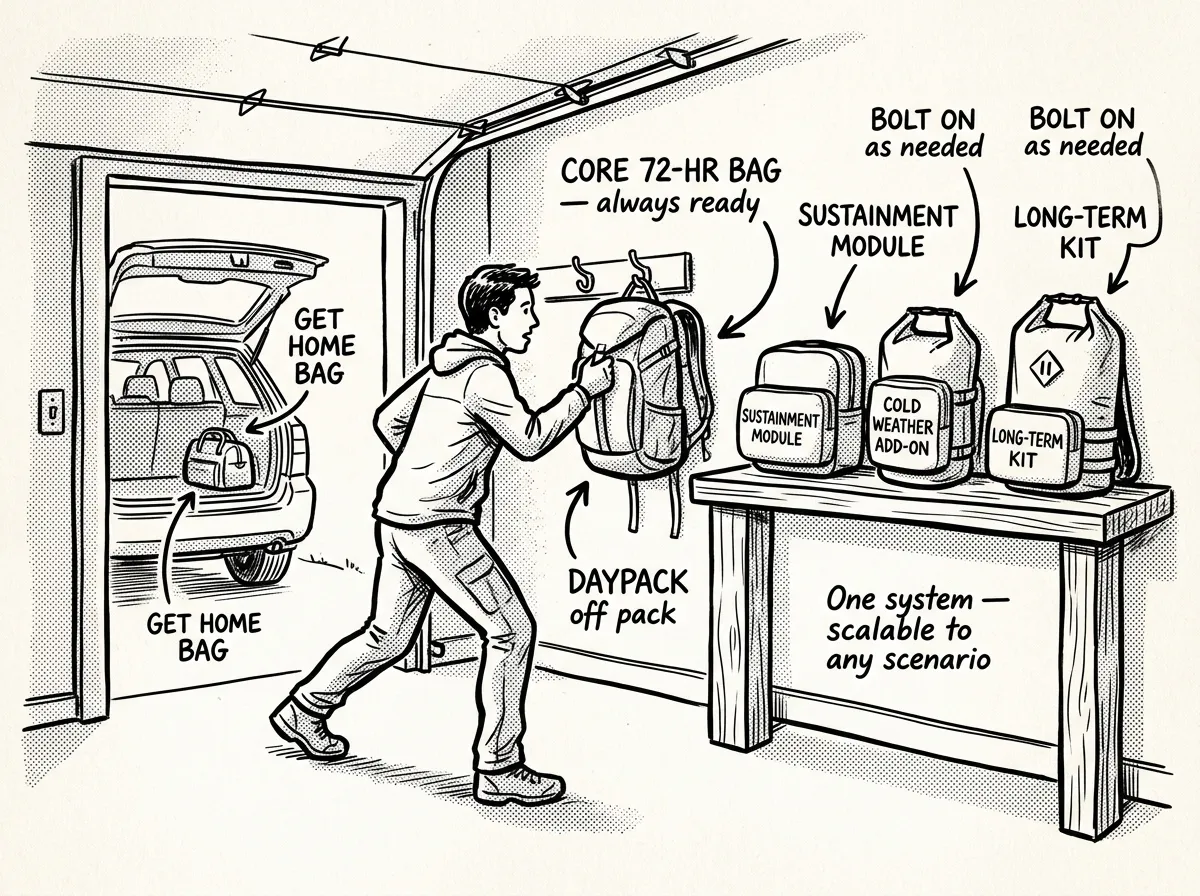 A modular system in action — grab the core bag fast, bolt on layers only when the situation demands it