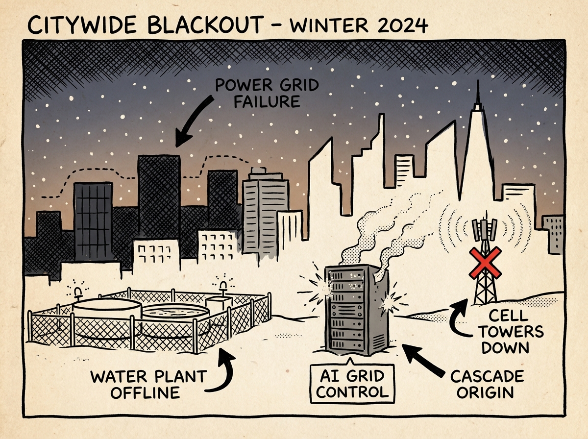A cascading infrastructure failure spreading from power grid to water and communications