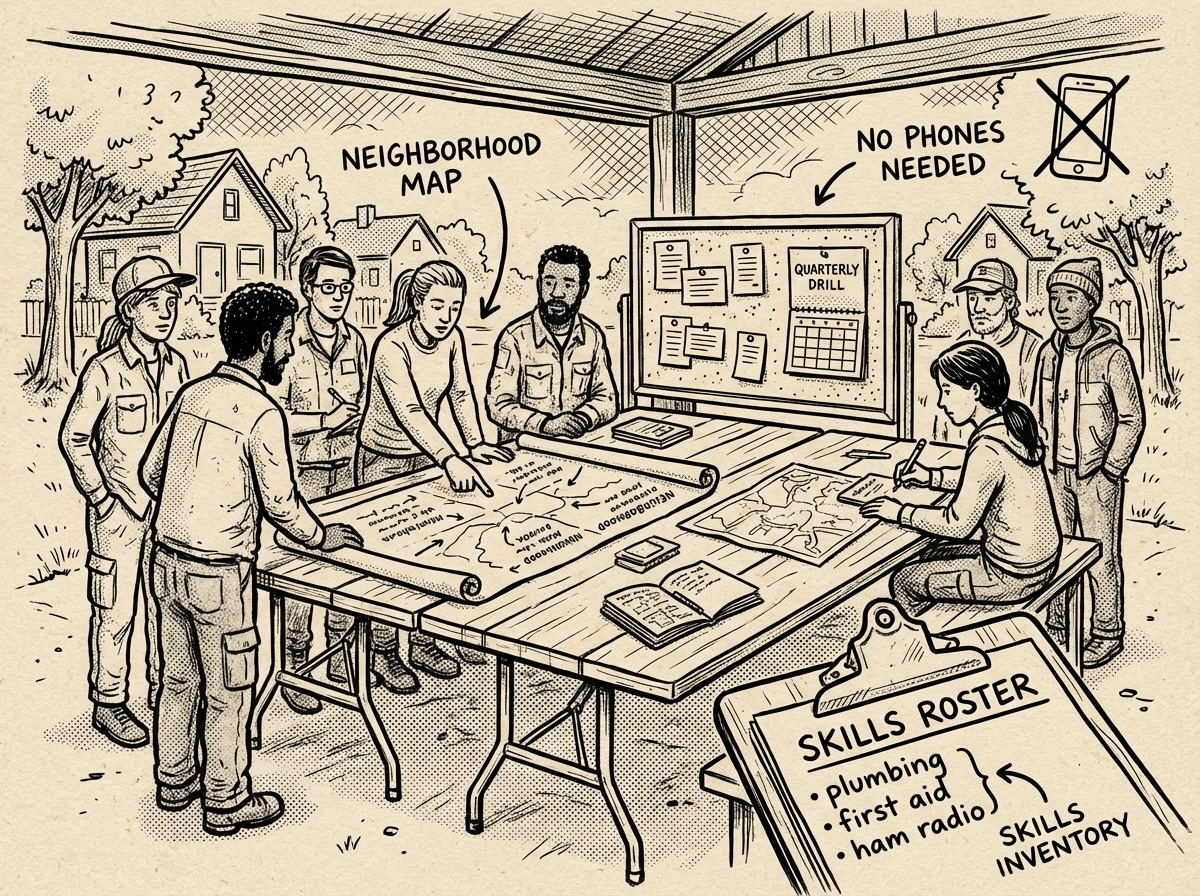 Neighbors coordinating emergency plans without digital tools at a community table