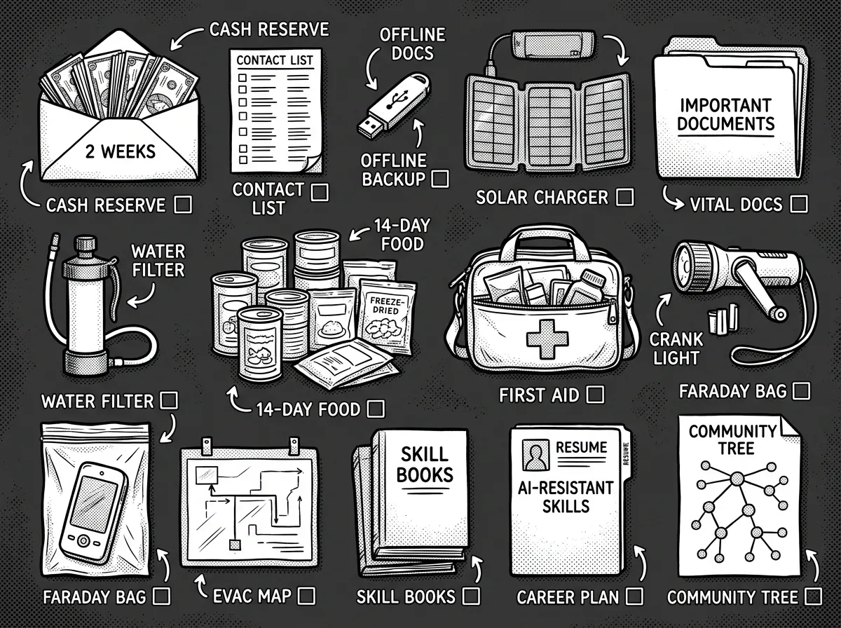 Complete AI-disruption preparedness kit laid out for inspection
