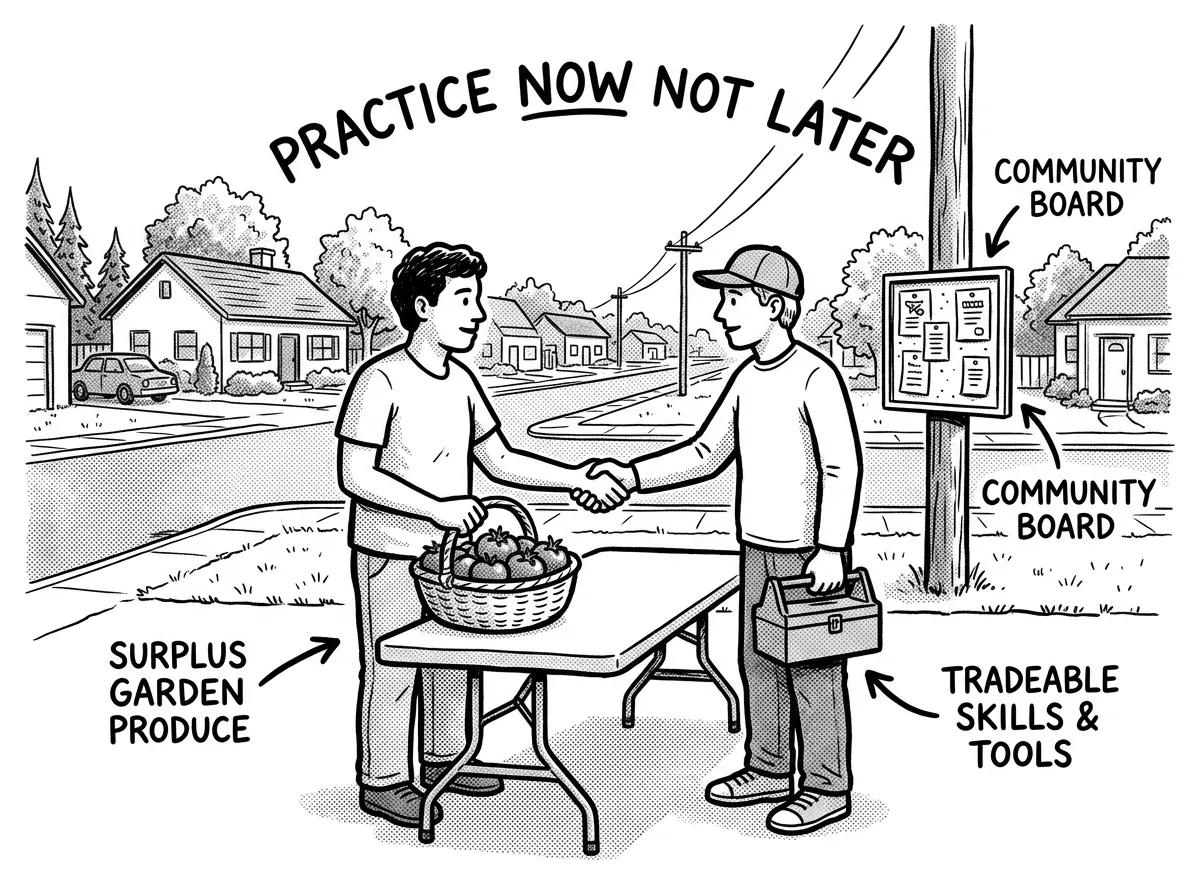 Neighbors practicing a low-stakes barter exchange on a sunny afternoon
