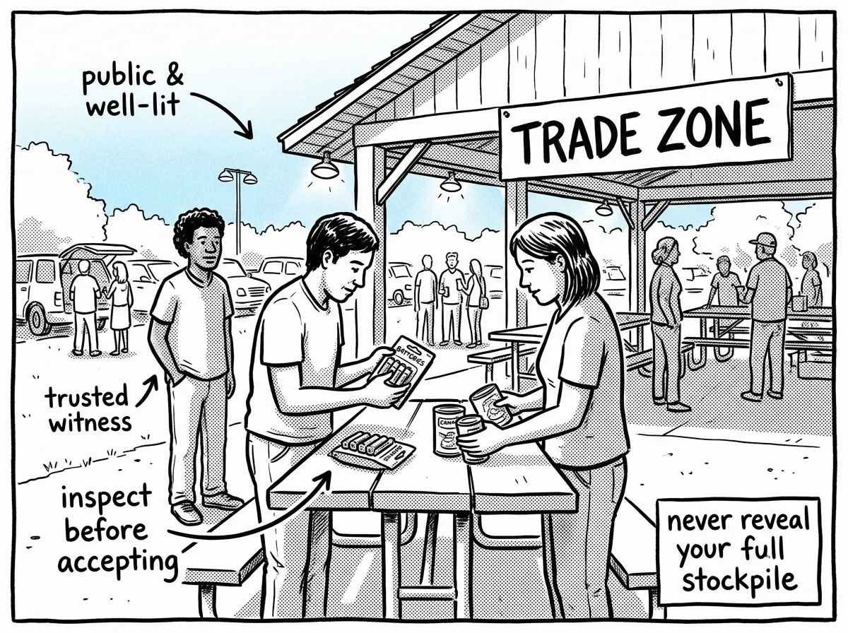 A safe, public barter exchange in a well-lit community meeting point
