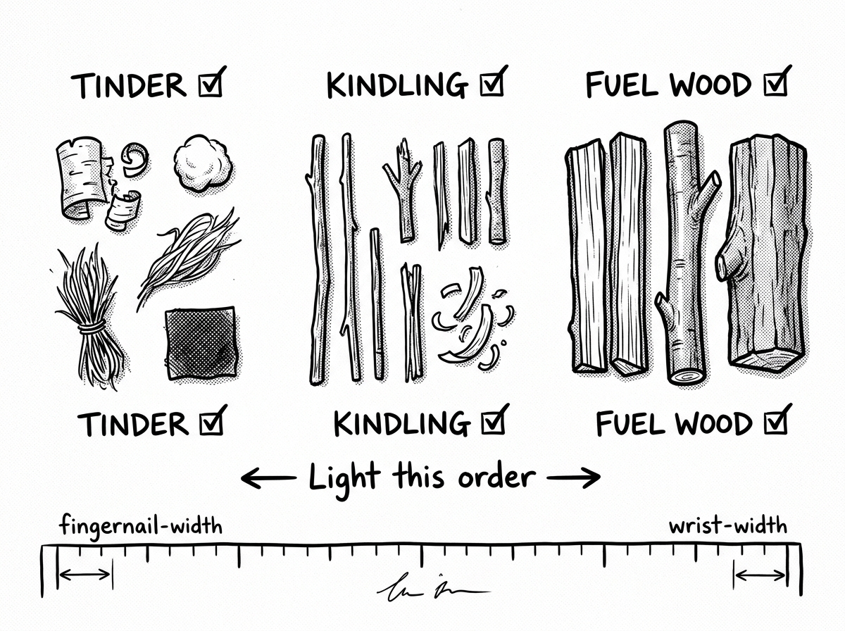 The three classes of fire material sorted by size and purpose