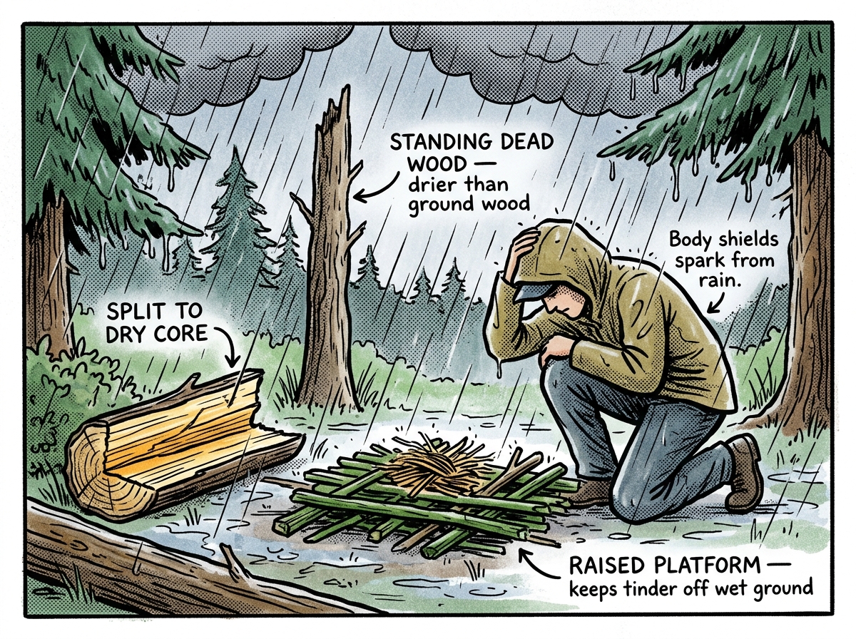 Key wet-weather fire techniques: splitting for dry wood, raised platform, and body shielding