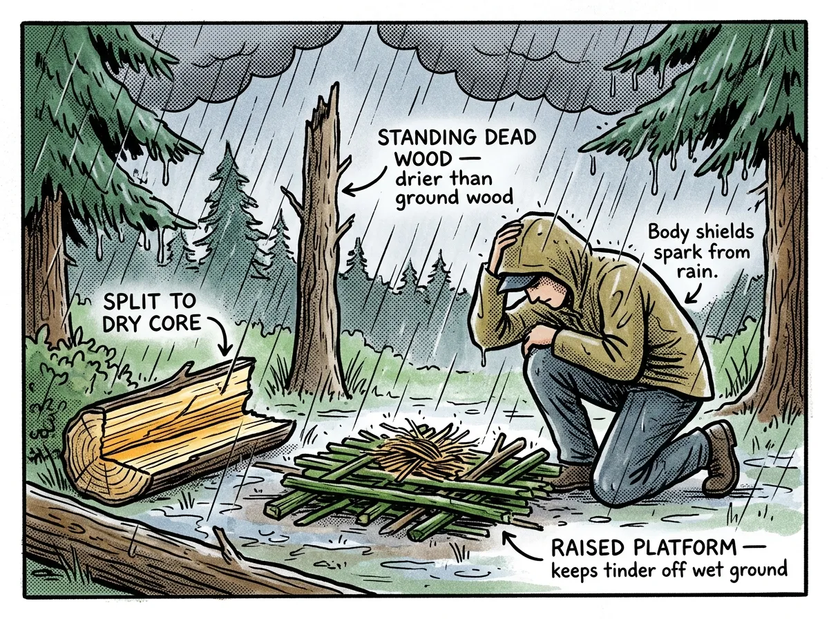 Key wet-weather fire techniques: splitting for dry wood, raised platform, and body shielding