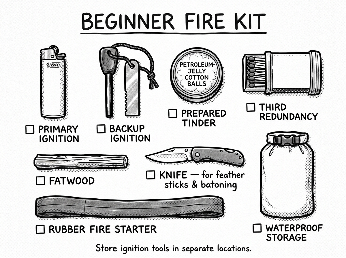 A complete beginner fire kit with redundant ignition tools and prepared tinder