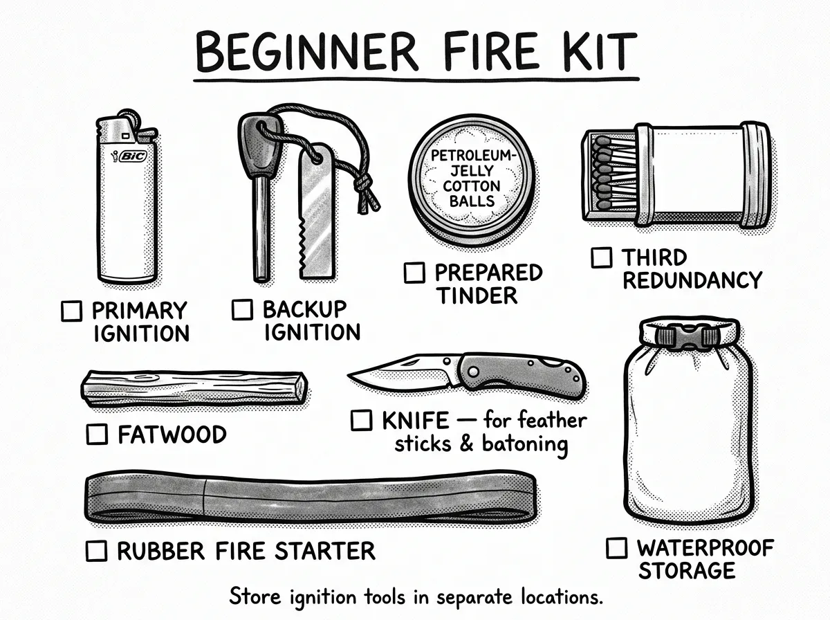 A complete beginner fire kit with redundant ignition tools and prepared tinder