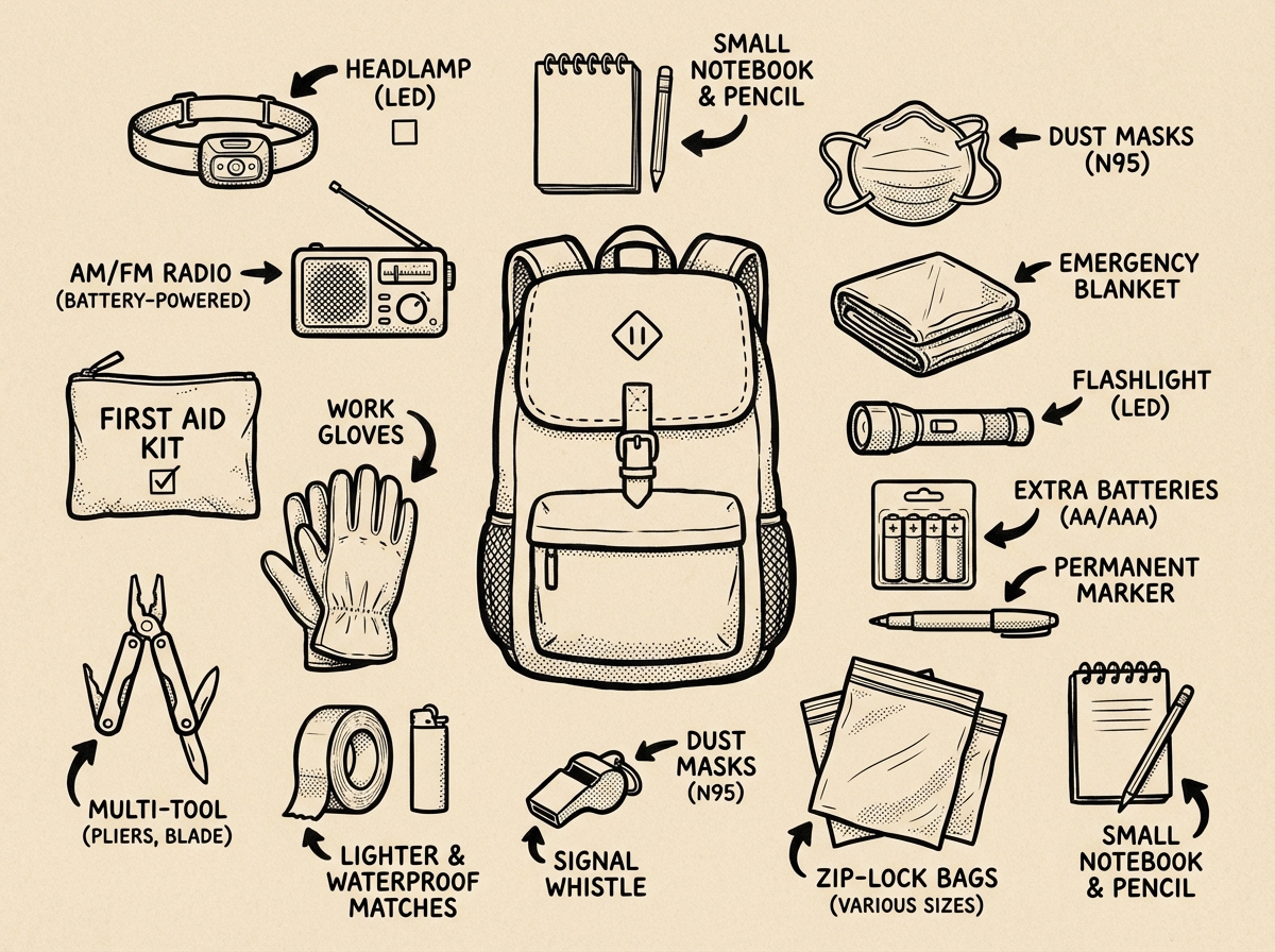 Everything in a starter emergency kit, laid out and labeled