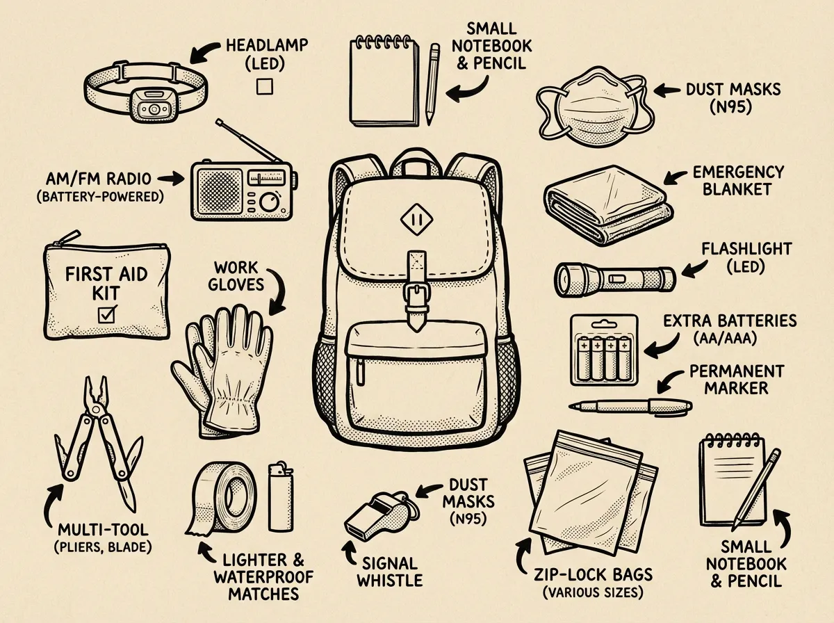 Everything in a starter emergency kit, laid out and labeled