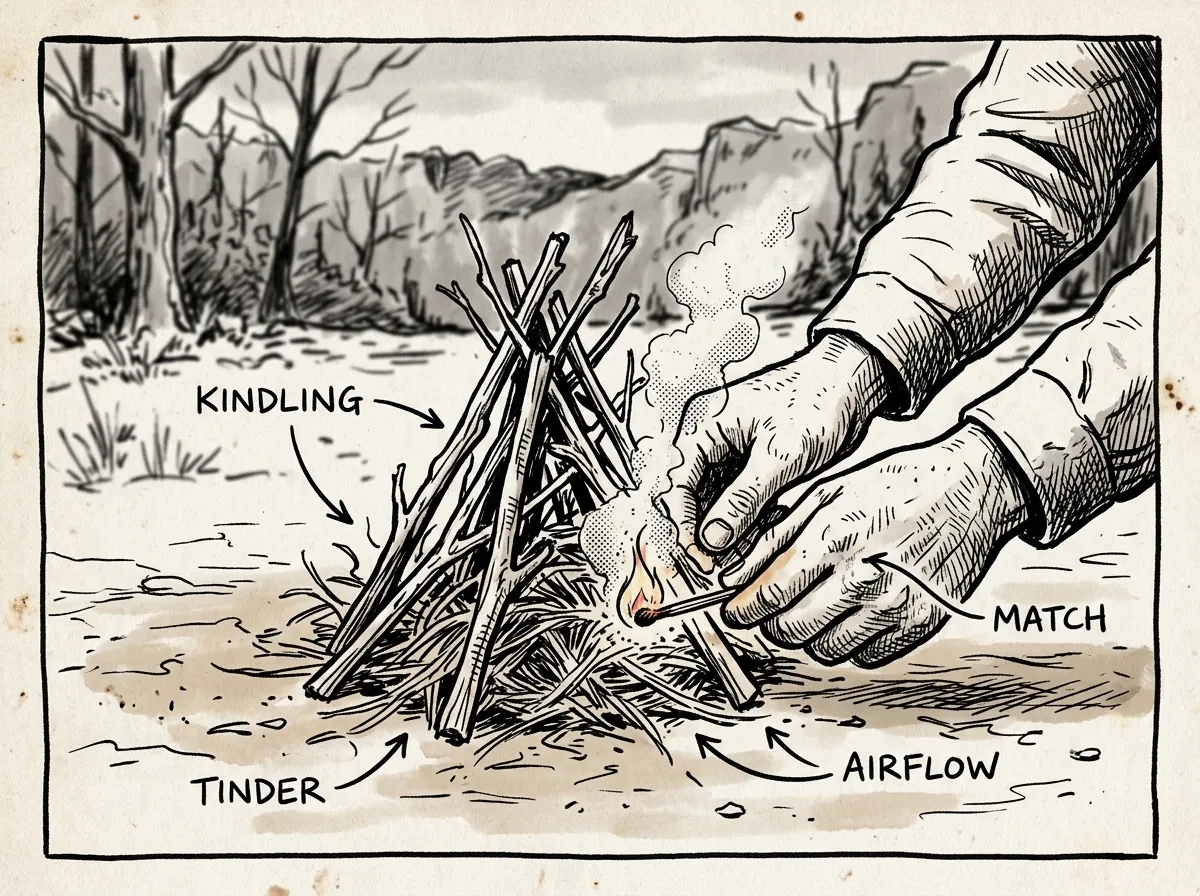 Building a fire from tinder to flame