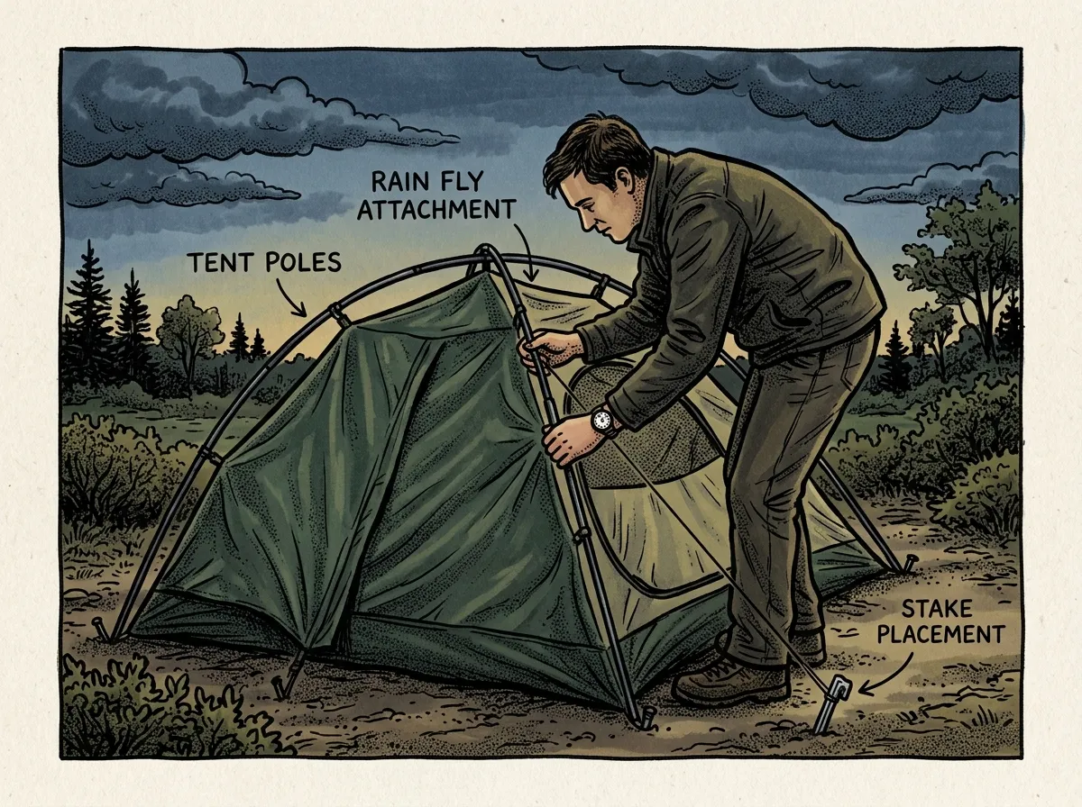 Pitching a tent quickly in low light