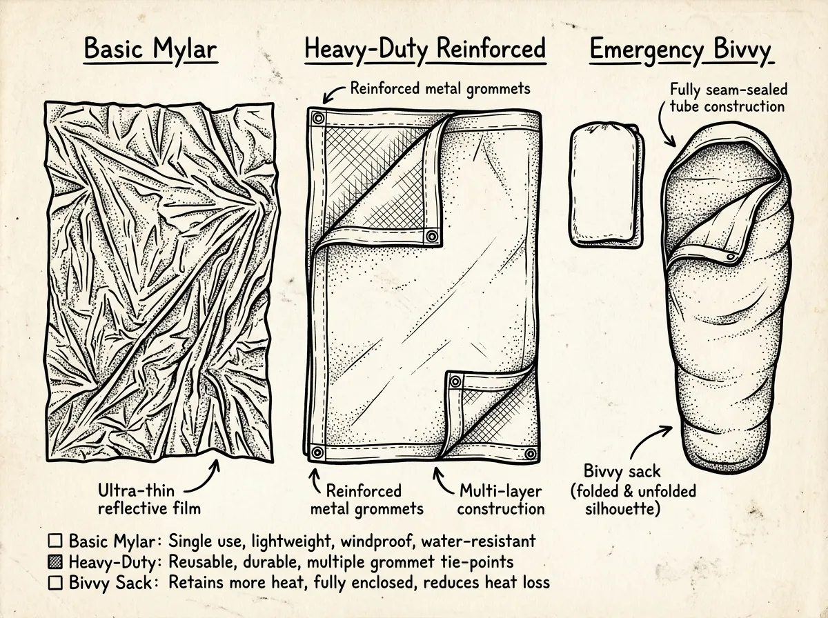 Three emergency blanket types side by side