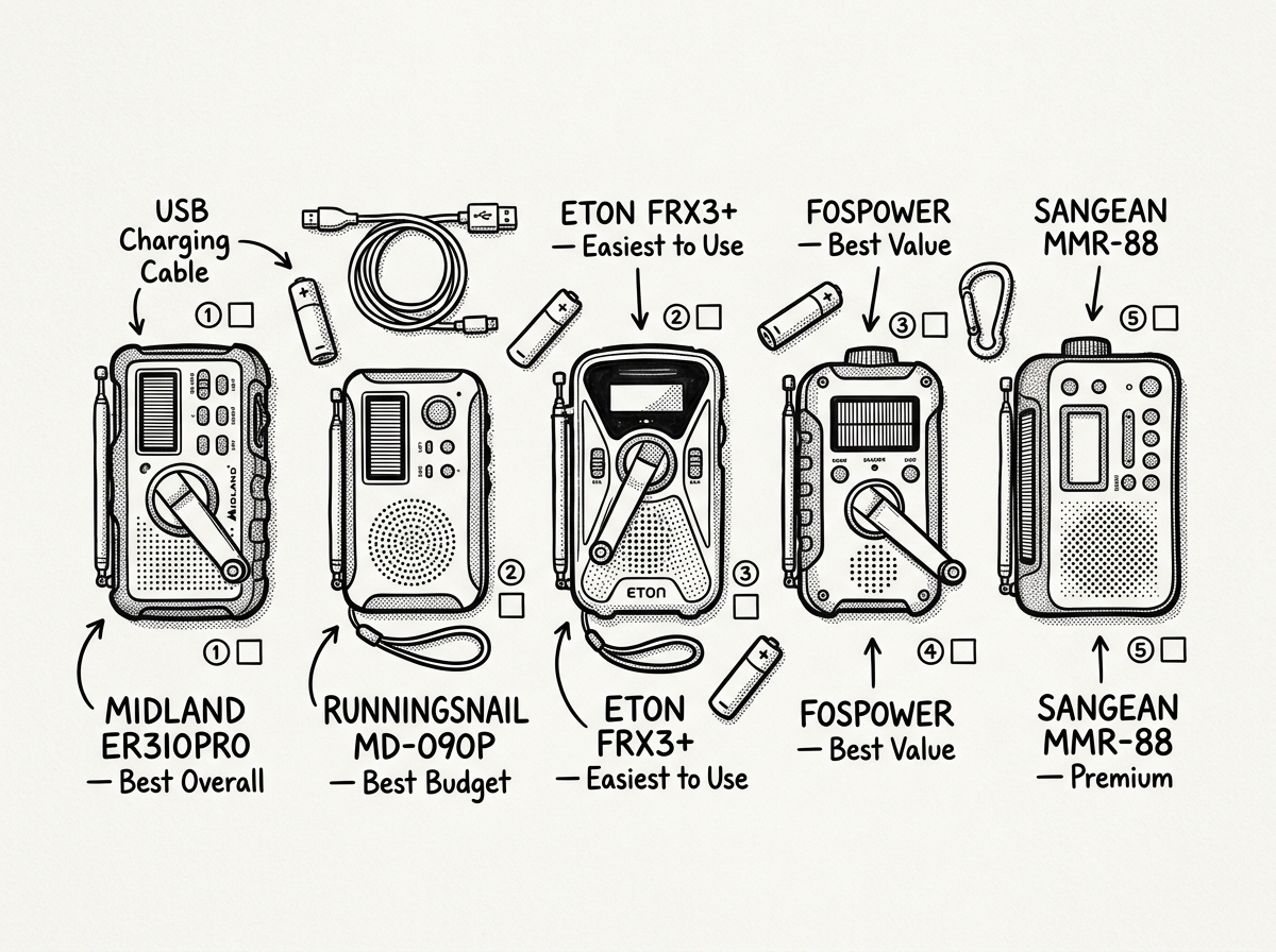 All five recommended emergency radios laid out side by side
