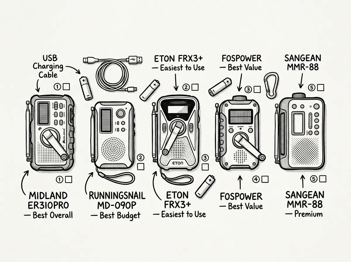 All five recommended emergency radios laid out side by side