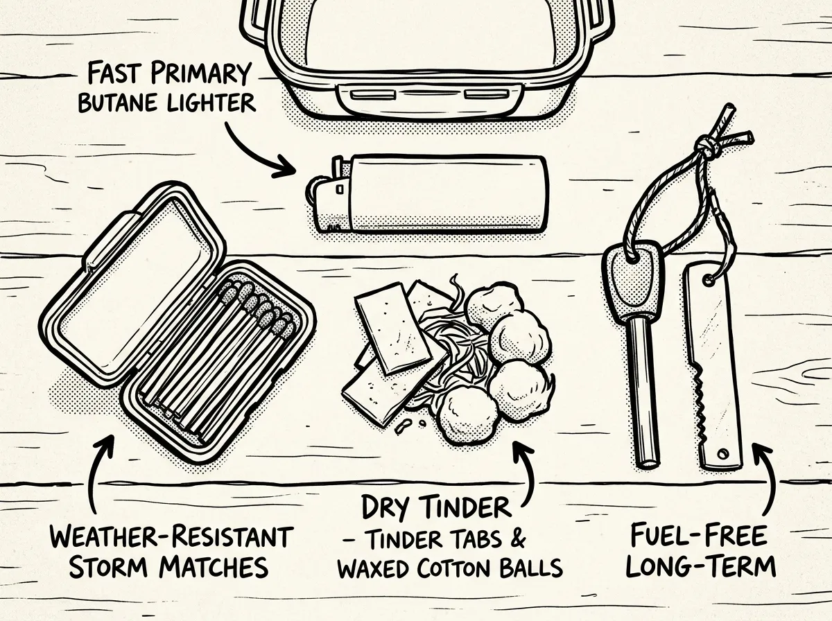 Essential three-layer fire starter kit layout