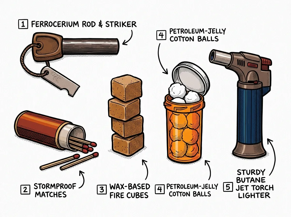 Complete wet-weather fire starter kit laid out