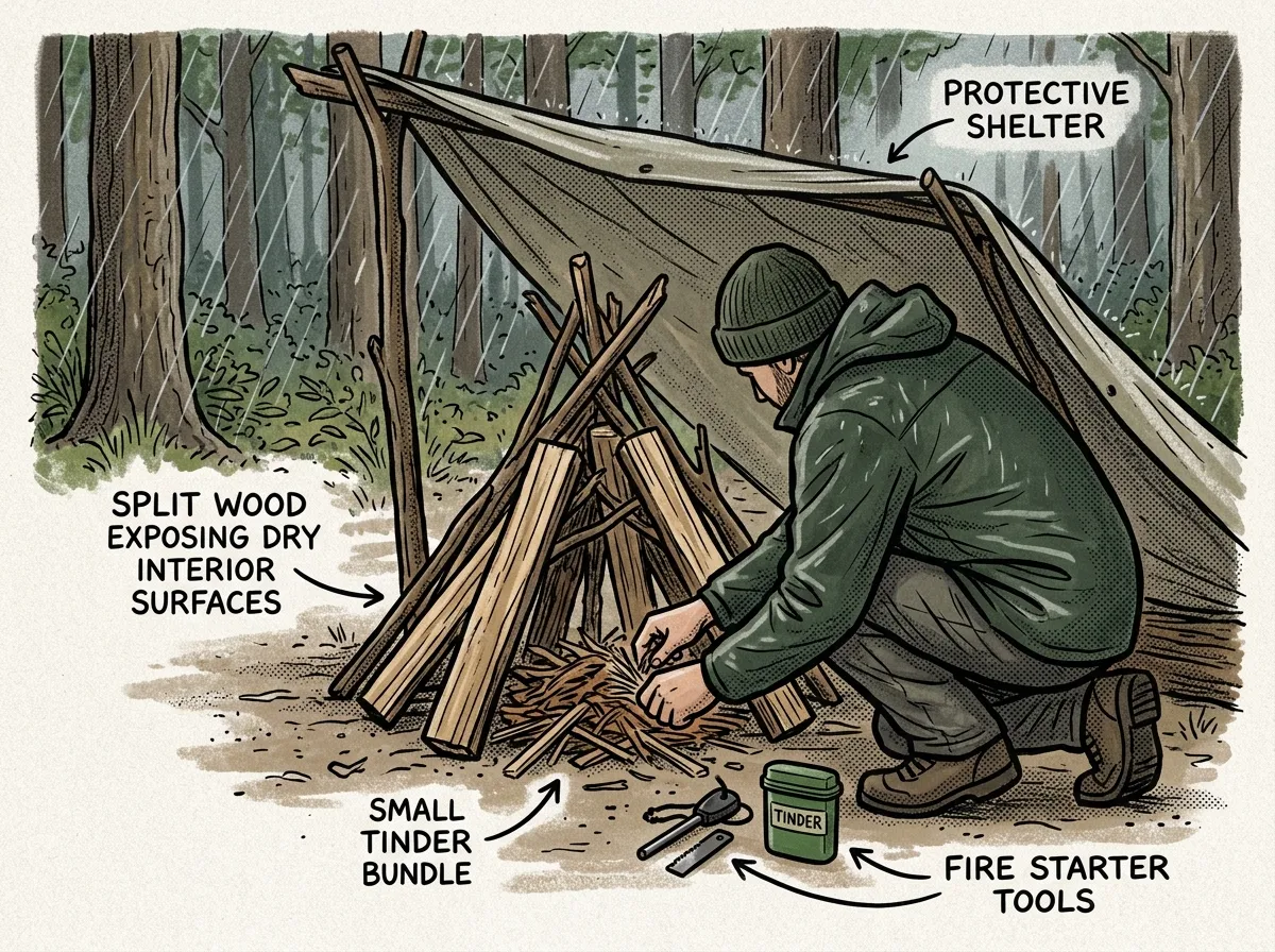 Building a sheltered fire lay in wet conditions