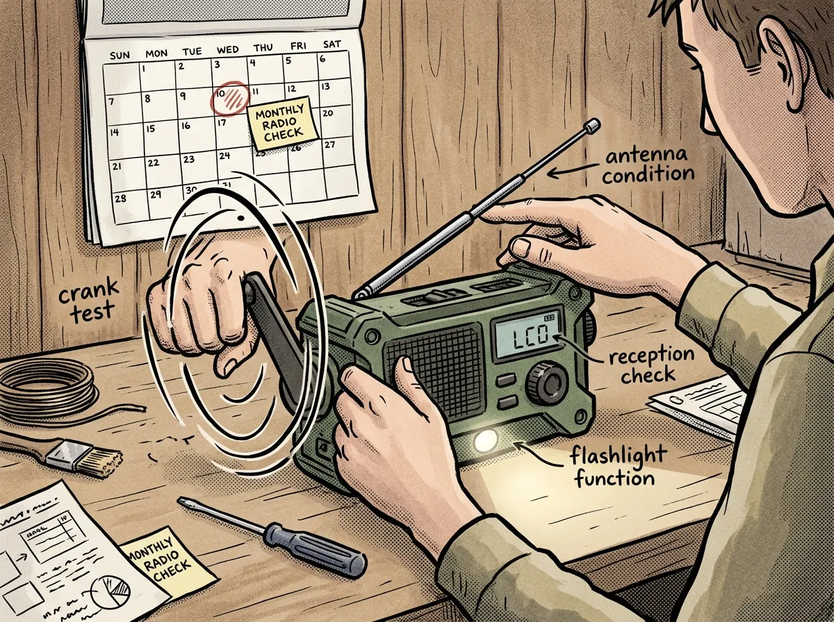 Monthly hand crank radio testing routine