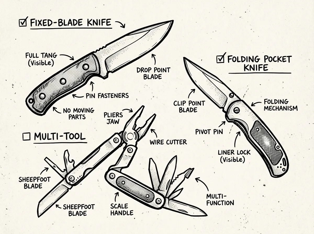 Three-knife comparison: fixed blade, folding knife, and multi-tool laid flat