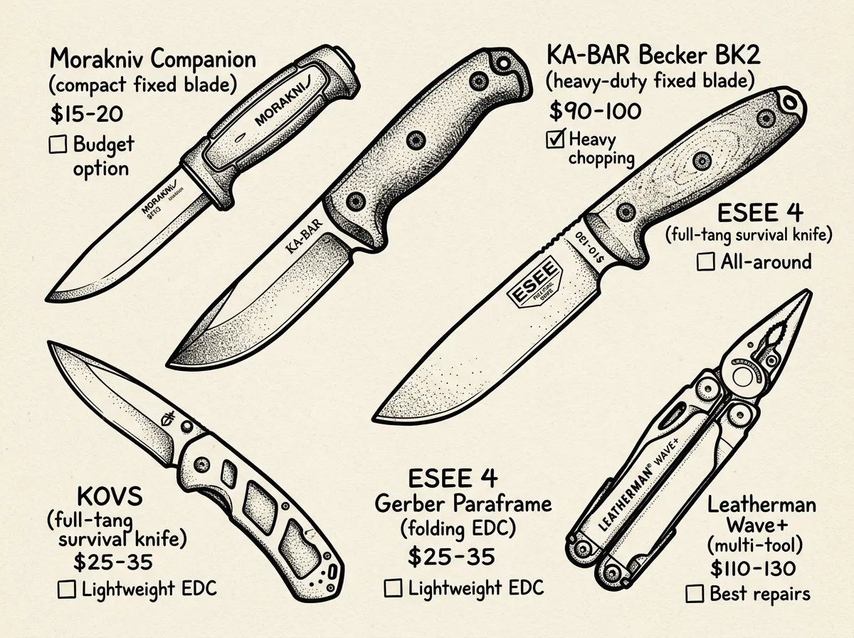 Five recommended beginner prepper knives: Morakniv, KA-BAR, ESEE, Gerber, Leatherman