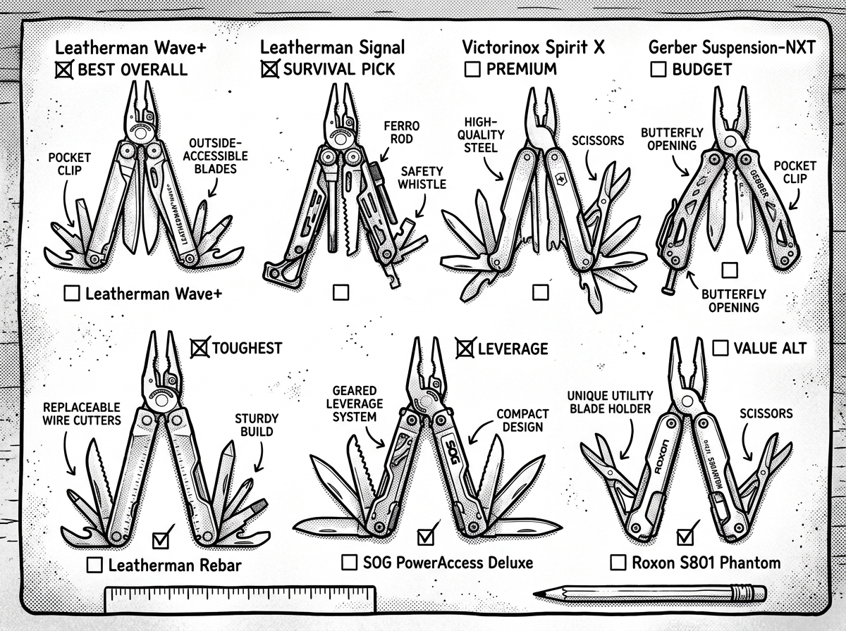 All seven multi-tools reviewed, laid out side by side