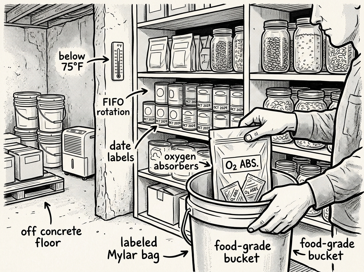 A well-organized emergency pantry using proper storage methods