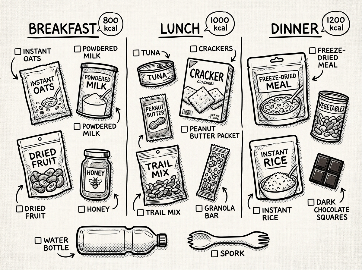 Complete one-day emergency meal plan laid out by meal