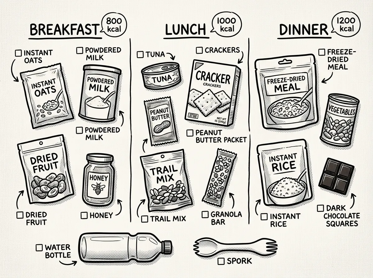 Complete one-day emergency meal plan laid out by meal
