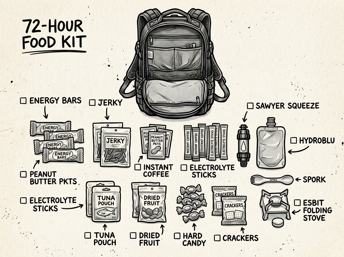 Compact non-perishable foods packed for a 72-hour go-bag