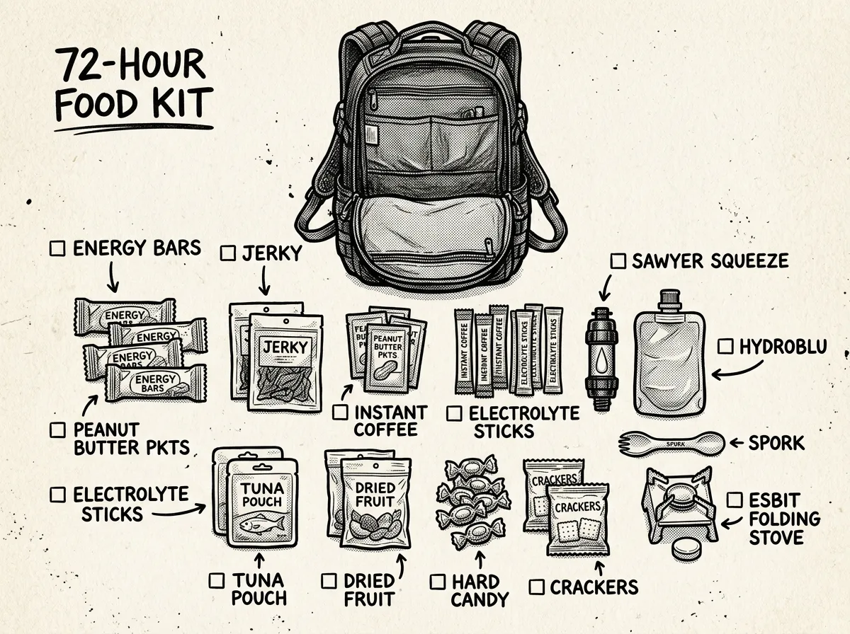 Compact non-perishable foods packed for a 72-hour go-bag