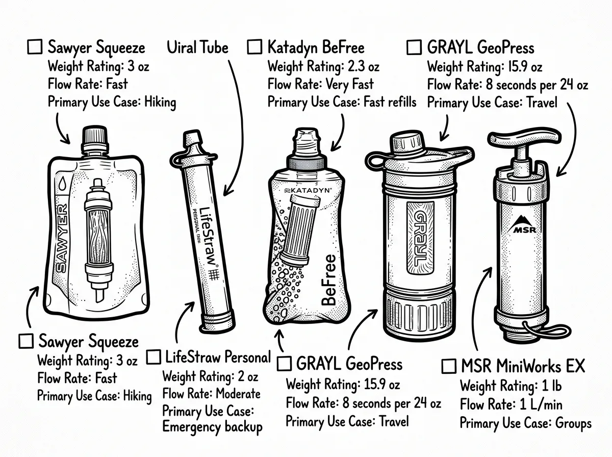 Five portable water filters arranged by use case
