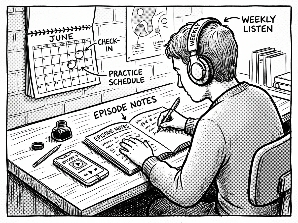 A listener actively engaged with prepper podcast learning