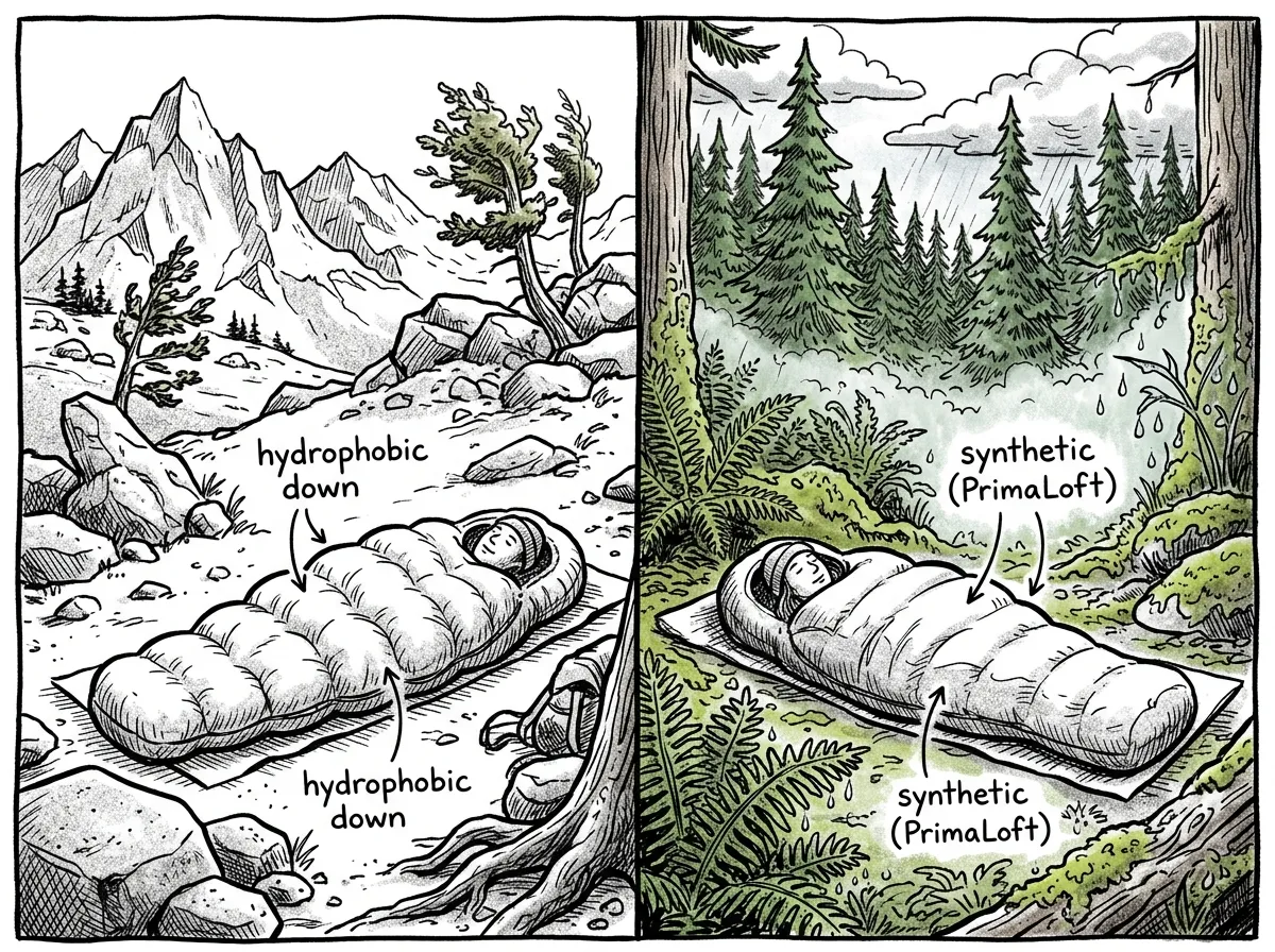 Comparing down and synthetic performance in wet versus dry conditions