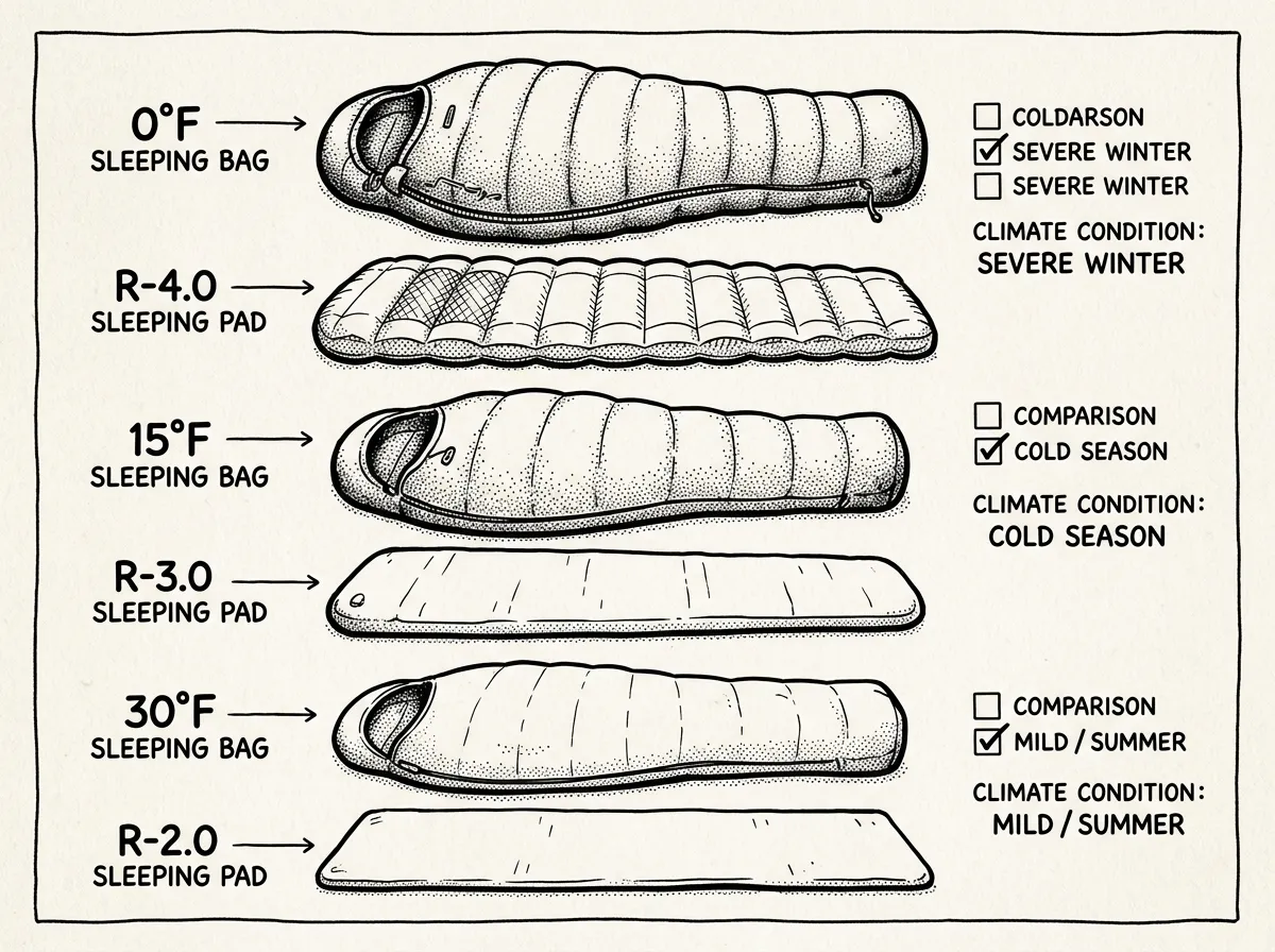 Sleeping bag and pad temperature ratings laid out for matching