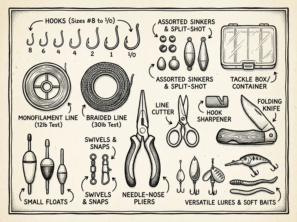 Essential components of a survival fishing kit laid out flat