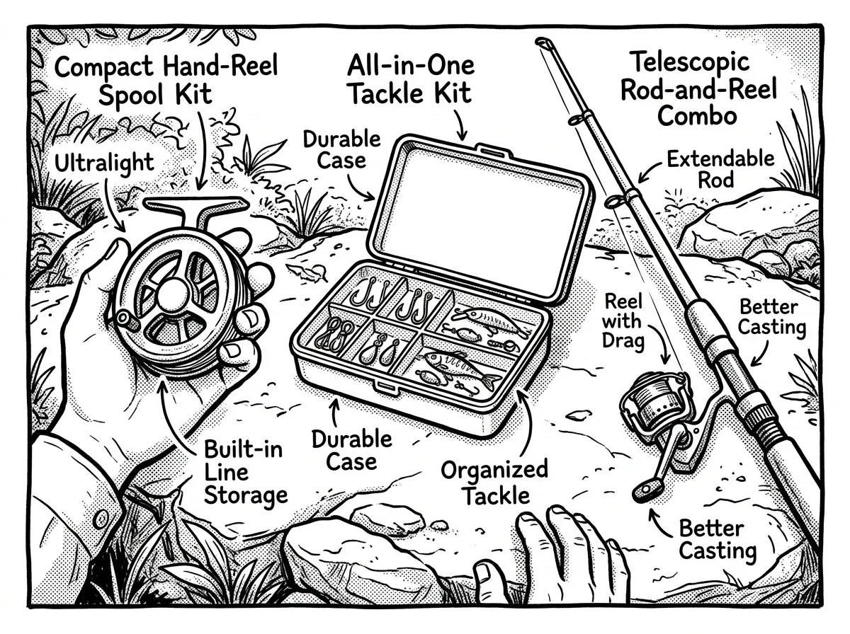 Three survival fishing kit styles compared side-by-side