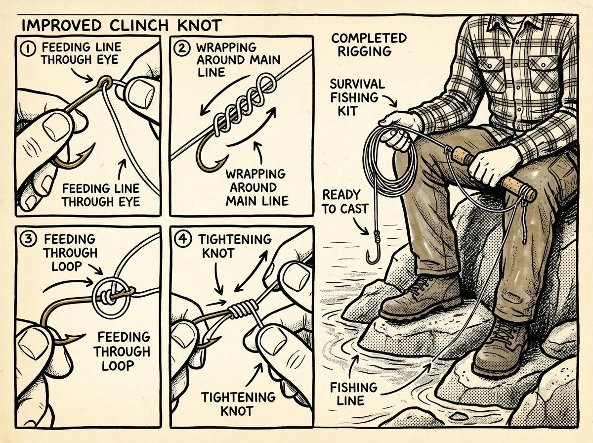 Step-by-step rigging and casting technique with survival fishing kit