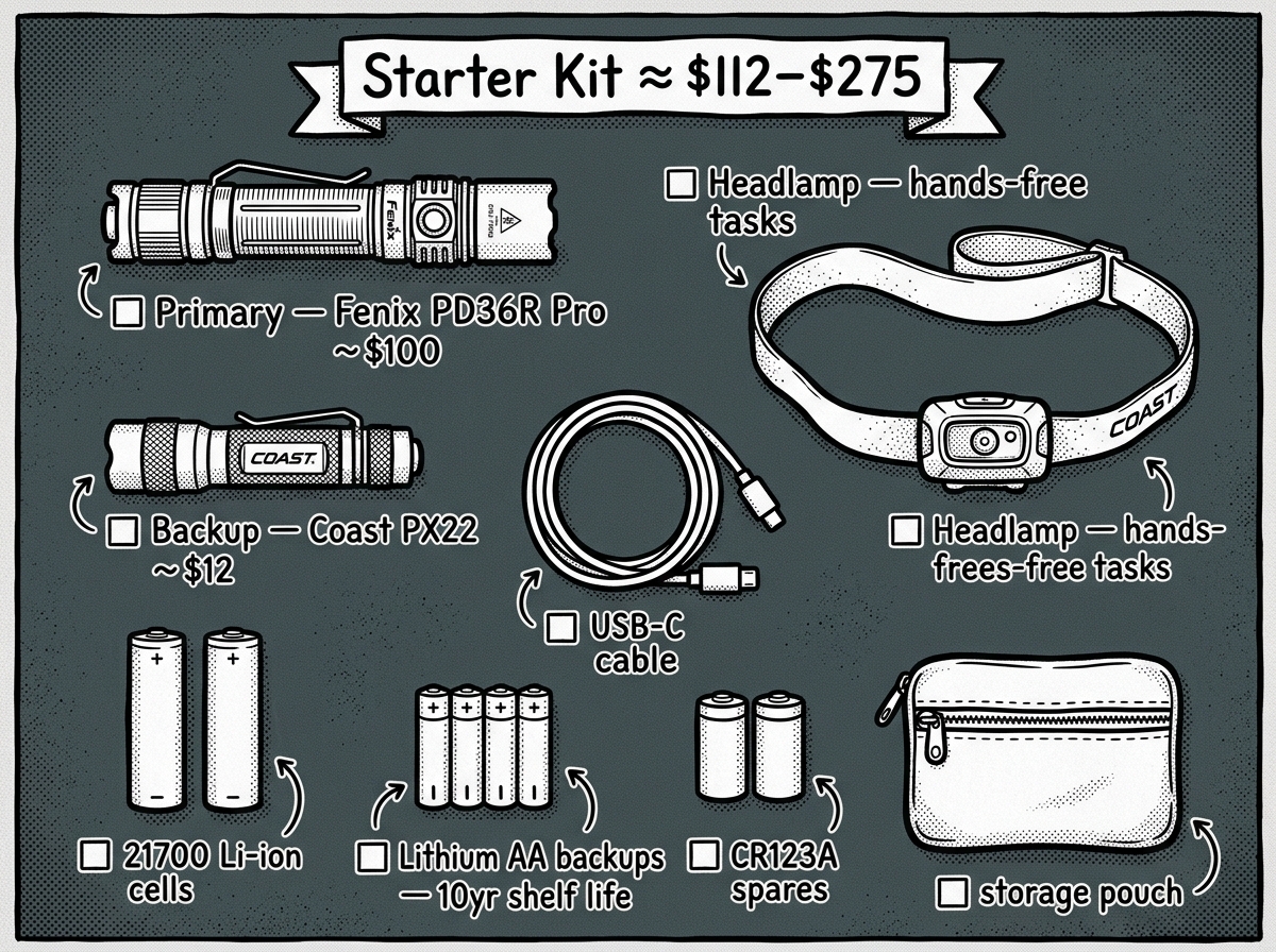 Complete starter flashlight kit for emergency preparedness