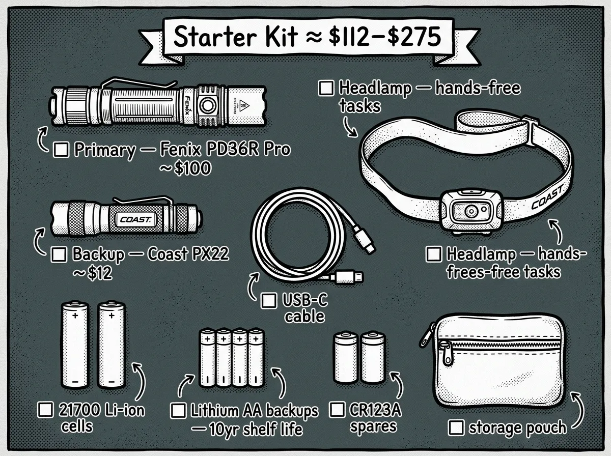 Complete starter flashlight kit for emergency preparedness