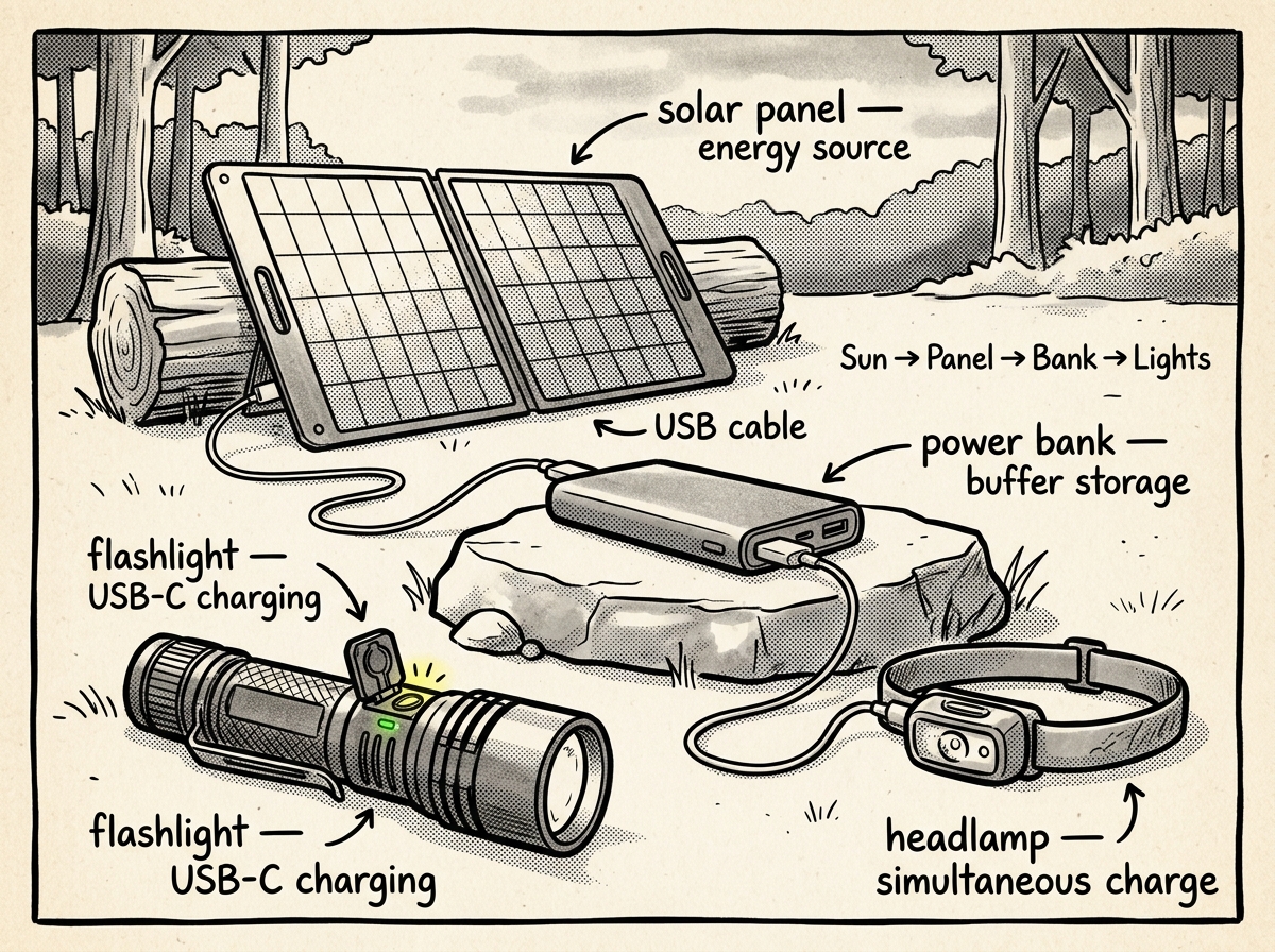 Solar-to-flashlight charging chain in a field camp setup