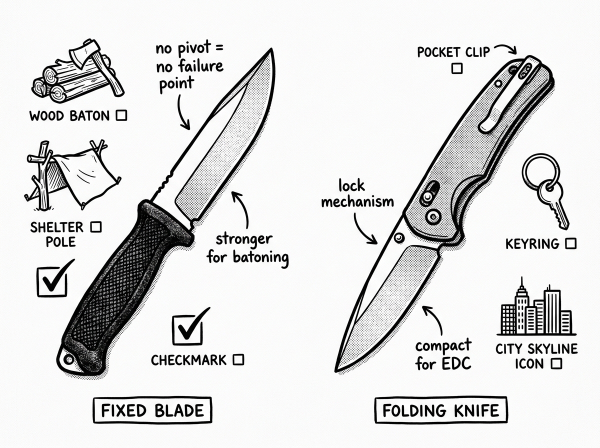 Fixed blade and folding knife compared side by side