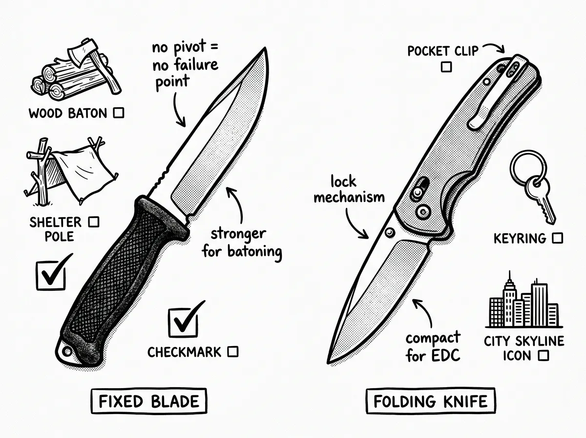 Fixed blade and folding knife compared side by side