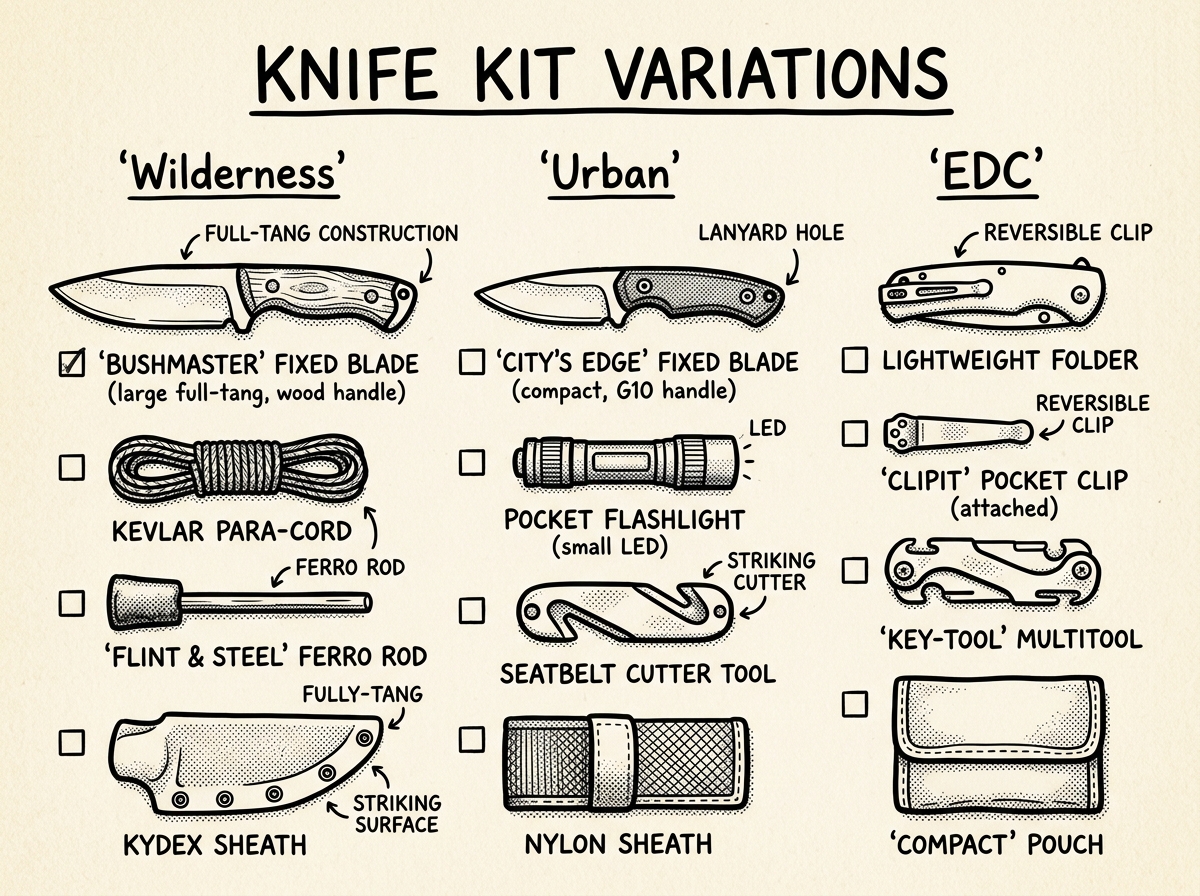 Three survival knife setups matched to wilderness, urban, and EDC scenarios