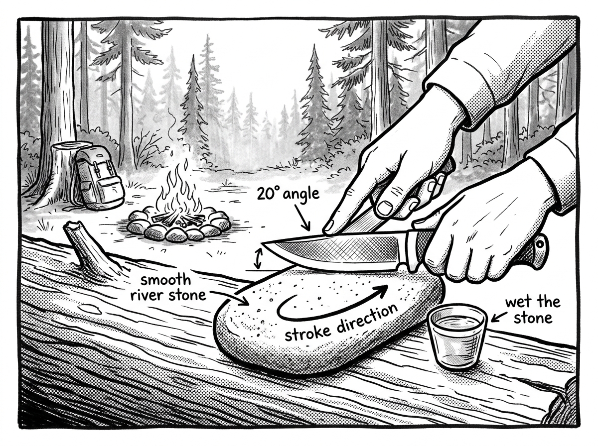 Field sharpening a survival knife on a river stone at camp