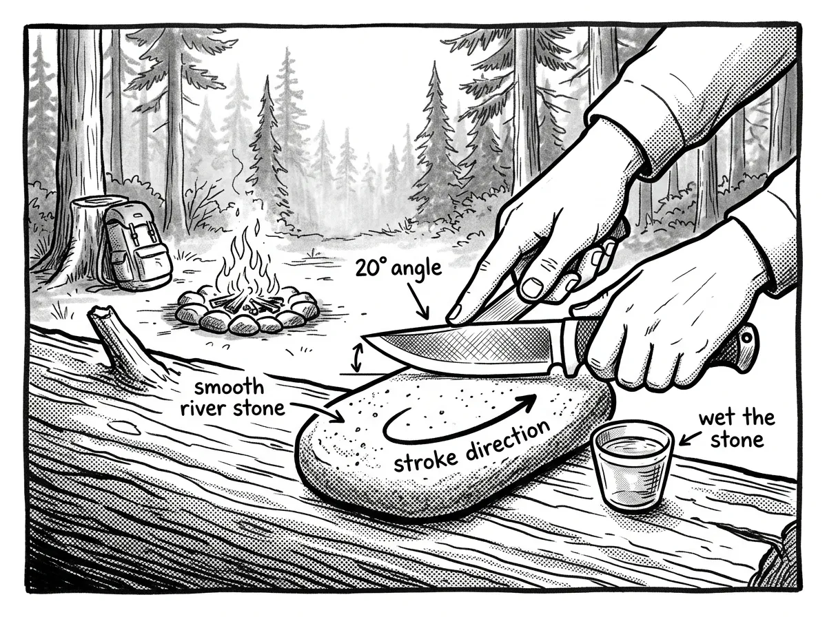 Field sharpening a survival knife on a river stone at camp